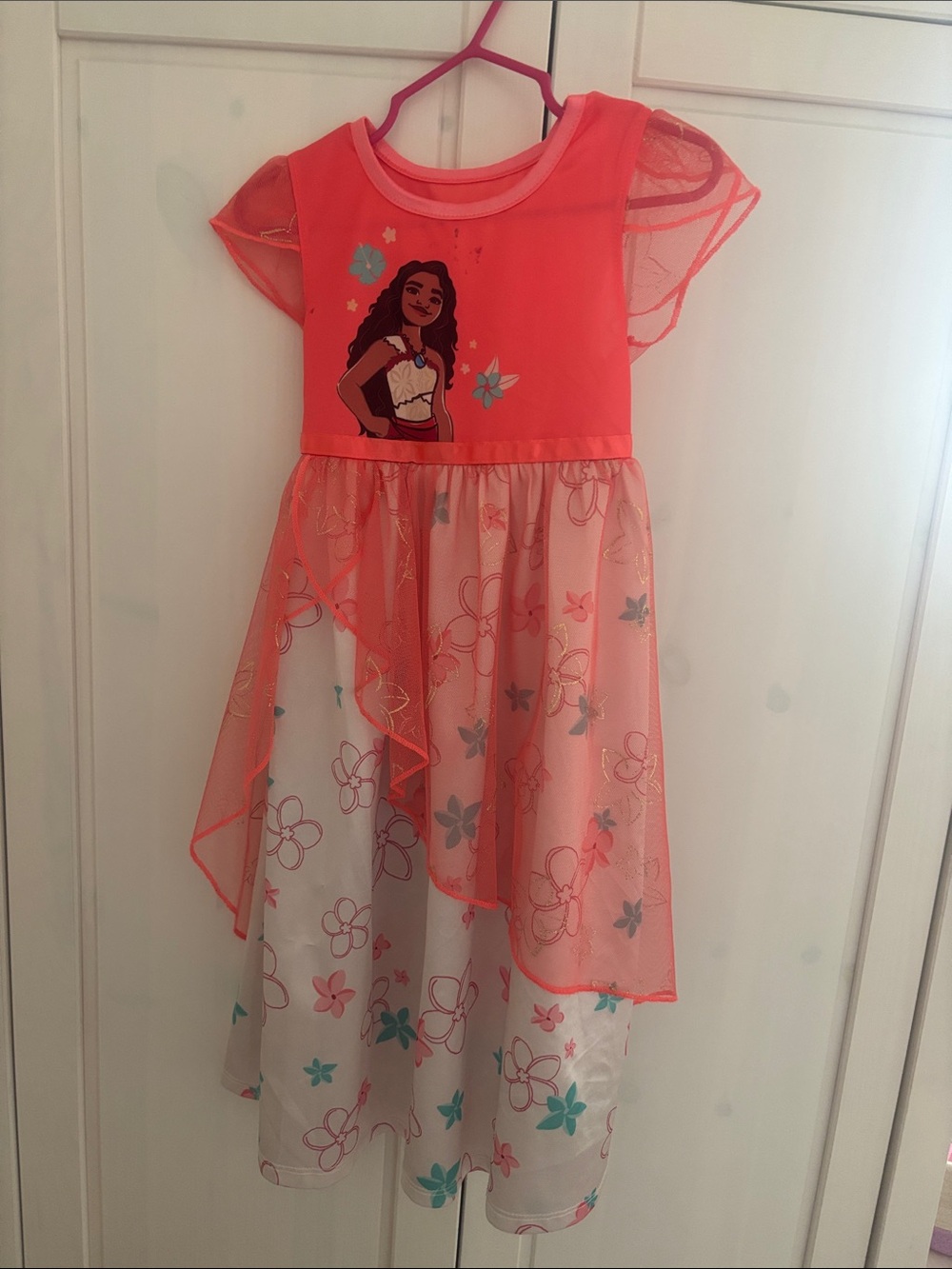Disney Coral and White Moana Floral Overlay Dress